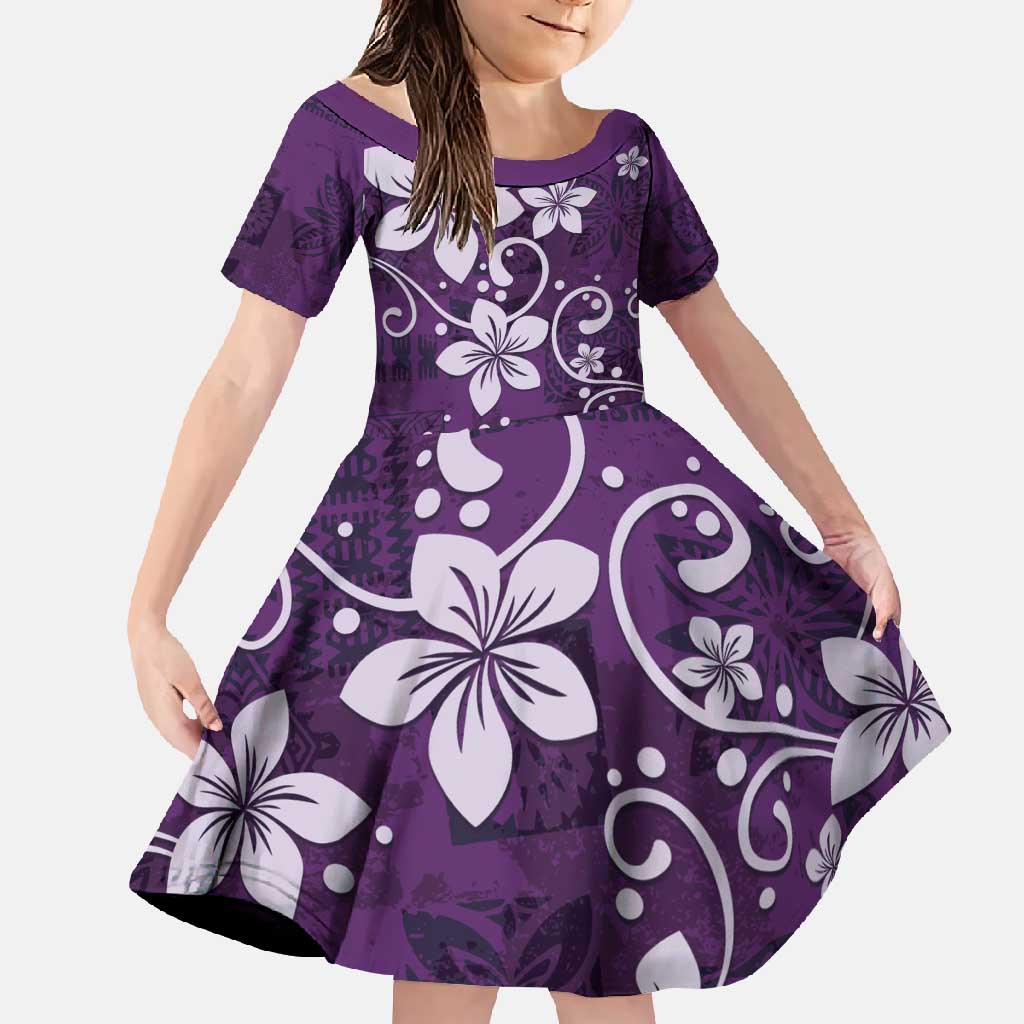 Plumeria Floral Tapa Pattern Amethyst Purple Family Matching Long Sleeve Bodycon Dress and Hawaiian Shirt LT01 Daughter's Dress Purple - Polynesian Pride