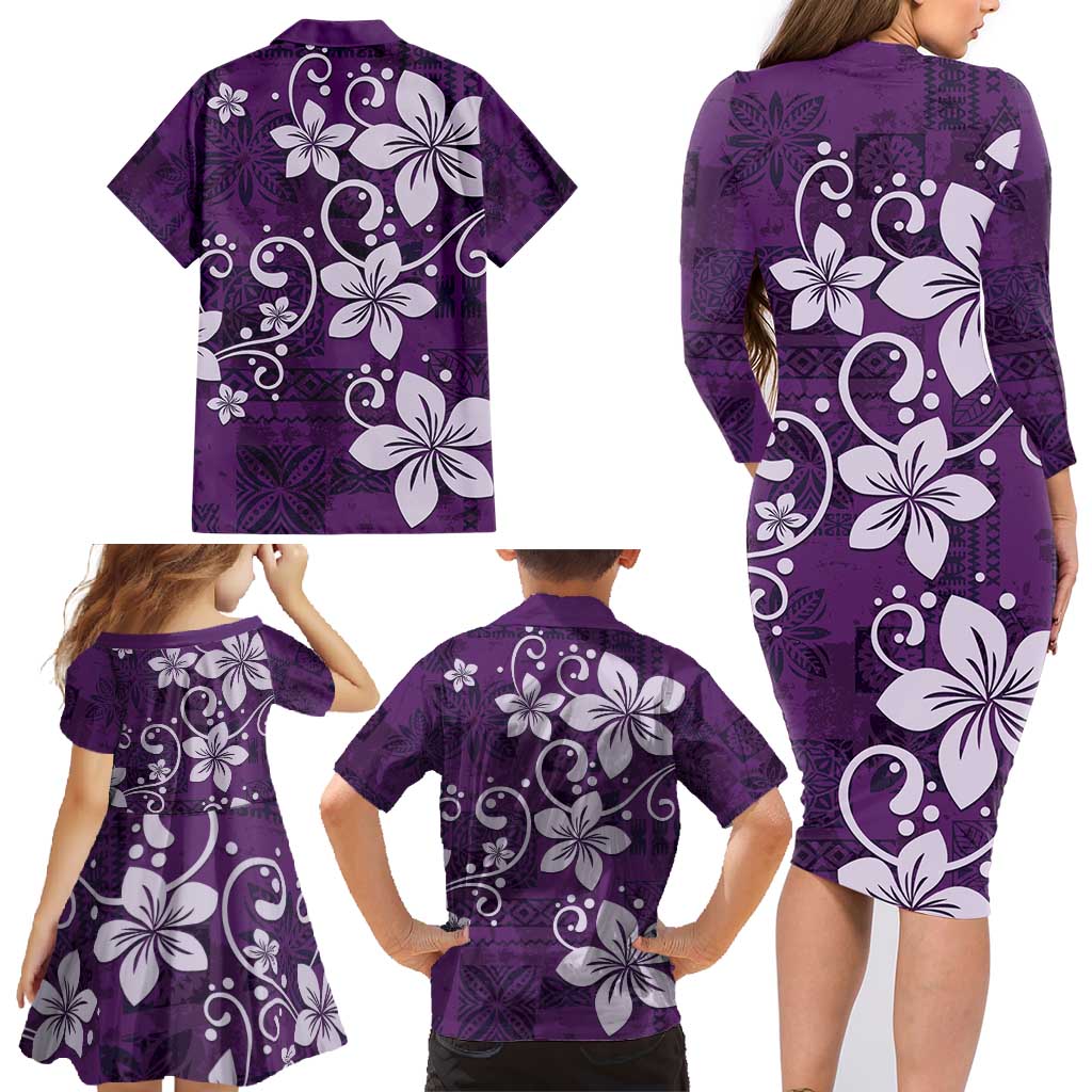 Plumeria Floral Tapa Pattern Amethyst Purple Family Matching Long Sleeve Bodycon Dress and Hawaiian Shirt LT01 - Polynesian Pride