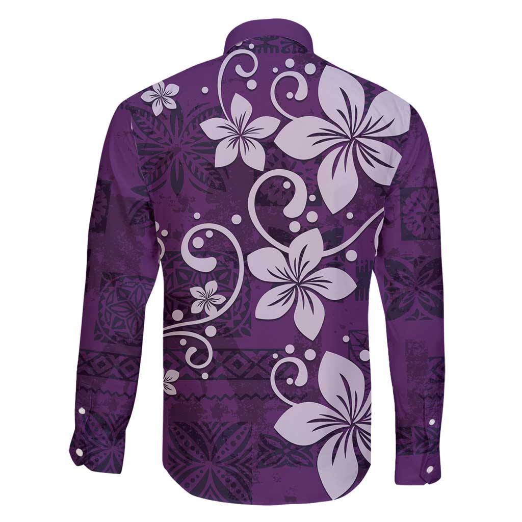 Plumeria Floral Tapa Pattern Amethyst Purple Family Matching Long Sleeve Bodycon Dress and Hawaiian Shirt LT01 - Polynesian Pride