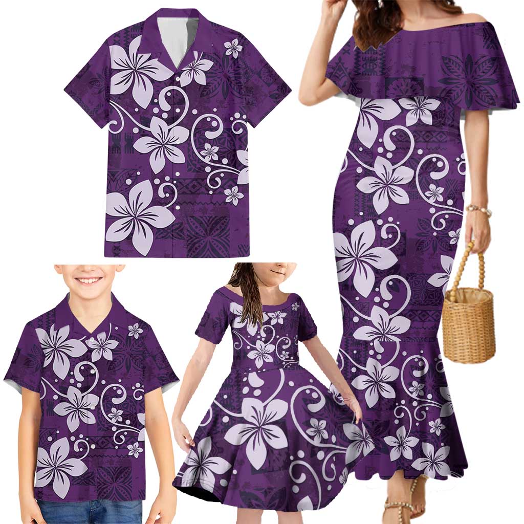 Plumeria Floral Tapa Pattern Amethyst Purple Family Matching Mermaid Dress and Hawaiian Shirt LT01 - Polynesian Pride