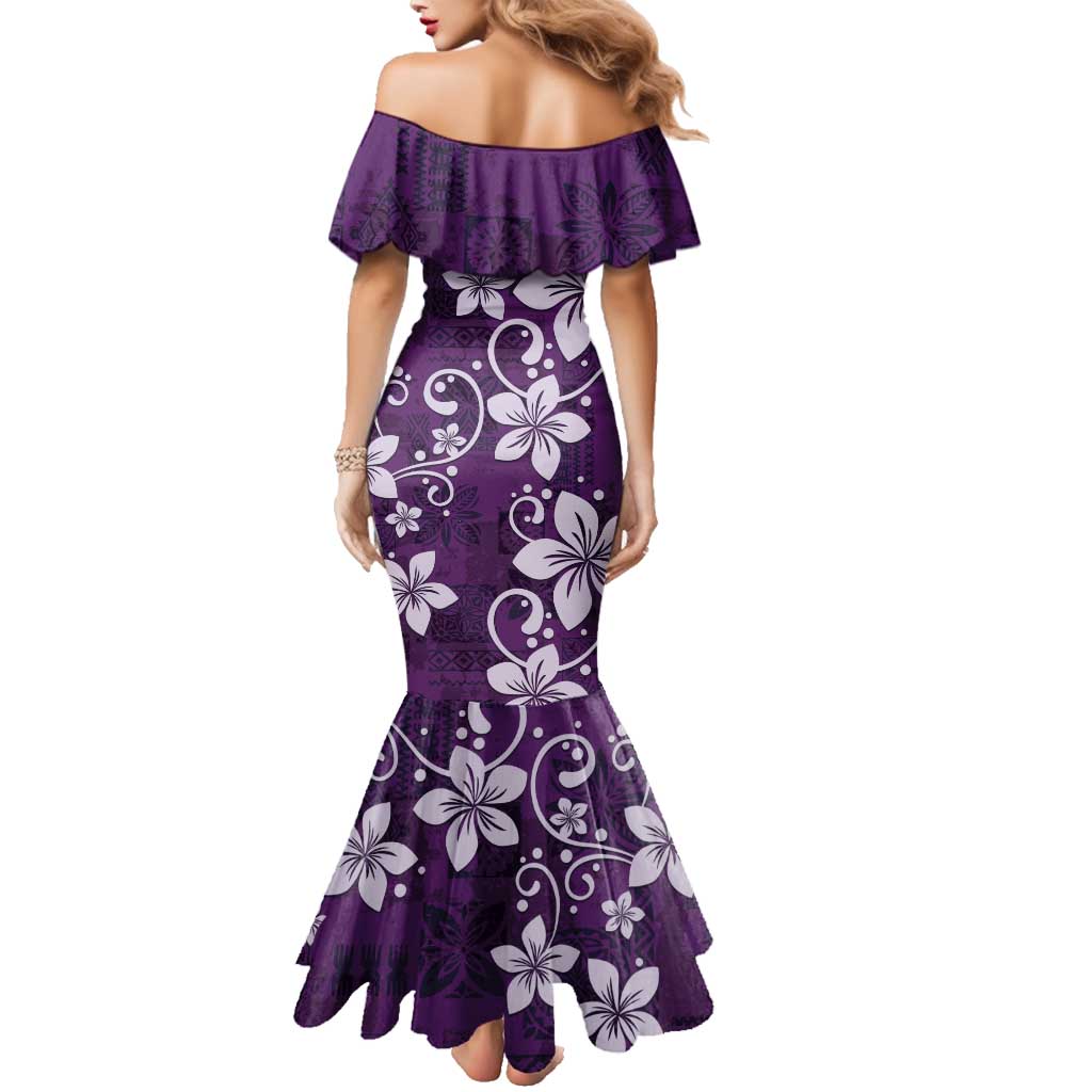 Plumeria Floral Tapa Pattern Amethyst Purple Family Matching Mermaid Dress and Hawaiian Shirt LT01 - Polynesian Pride