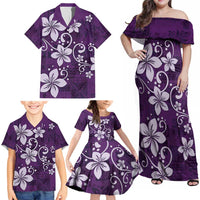 Plumeria Floral Tapa Pattern Amethyst Purple Family Matching Off Shoulder Maxi Dress and Hawaiian Shirt