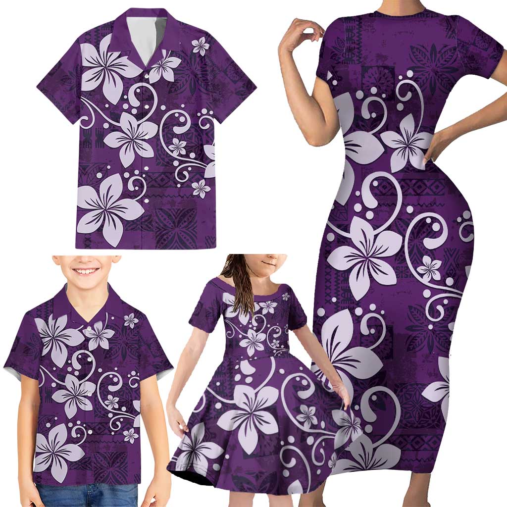 Plumeria Floral Tapa Pattern Amethyst Purple Family Matching Short Sleeve Bodycon Dress and Hawaiian Shirt LT01 - Polynesian Pride