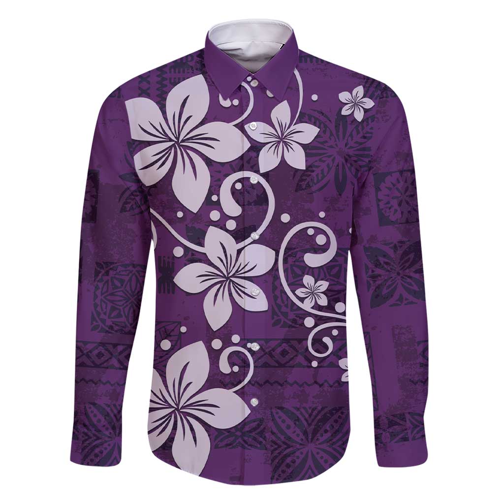 Plumeria Floral Tapa Pattern Amethyst Purple Family Matching Short Sleeve Bodycon Dress and Hawaiian Shirt LT01 Dad's Shirt - Long Sleeve Purple - Polynesian Pride