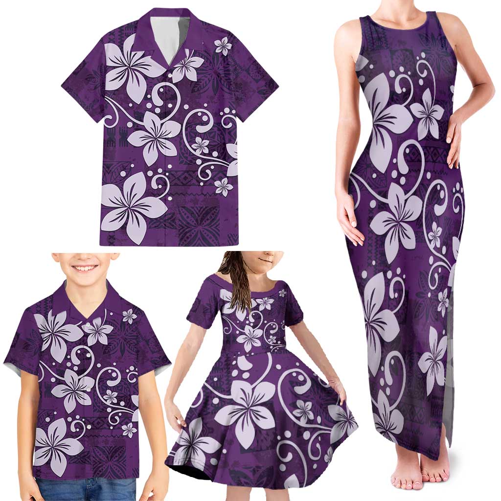 Plumeria Floral Tapa Pattern Amethyst Purple Family Matching Tank Maxi Dress and Hawaiian Shirt