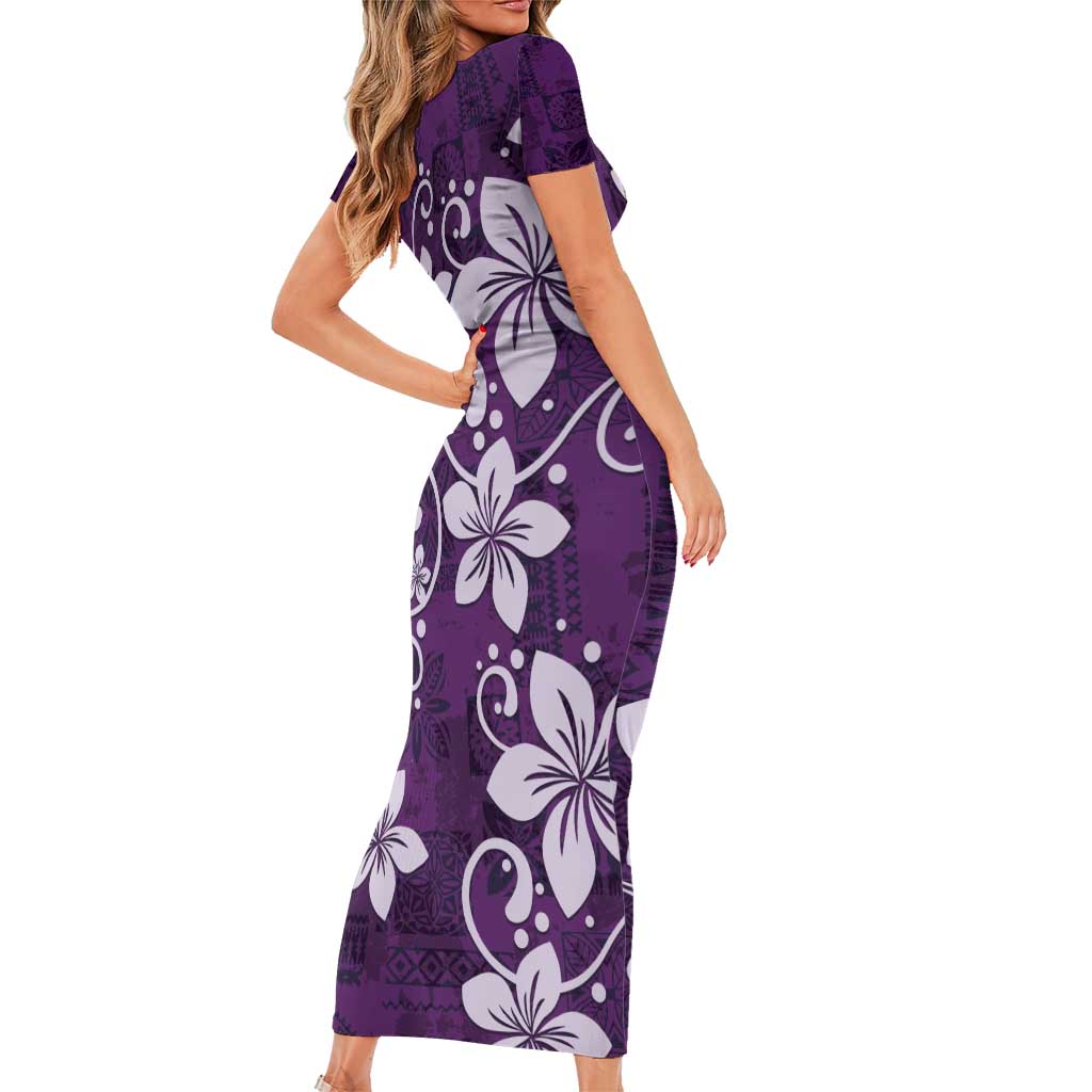 Plumeria Floral Tapa Pattern Amethyst Purple Short Sleeve Bodycon Dress LT01 - Polynesian Pride
