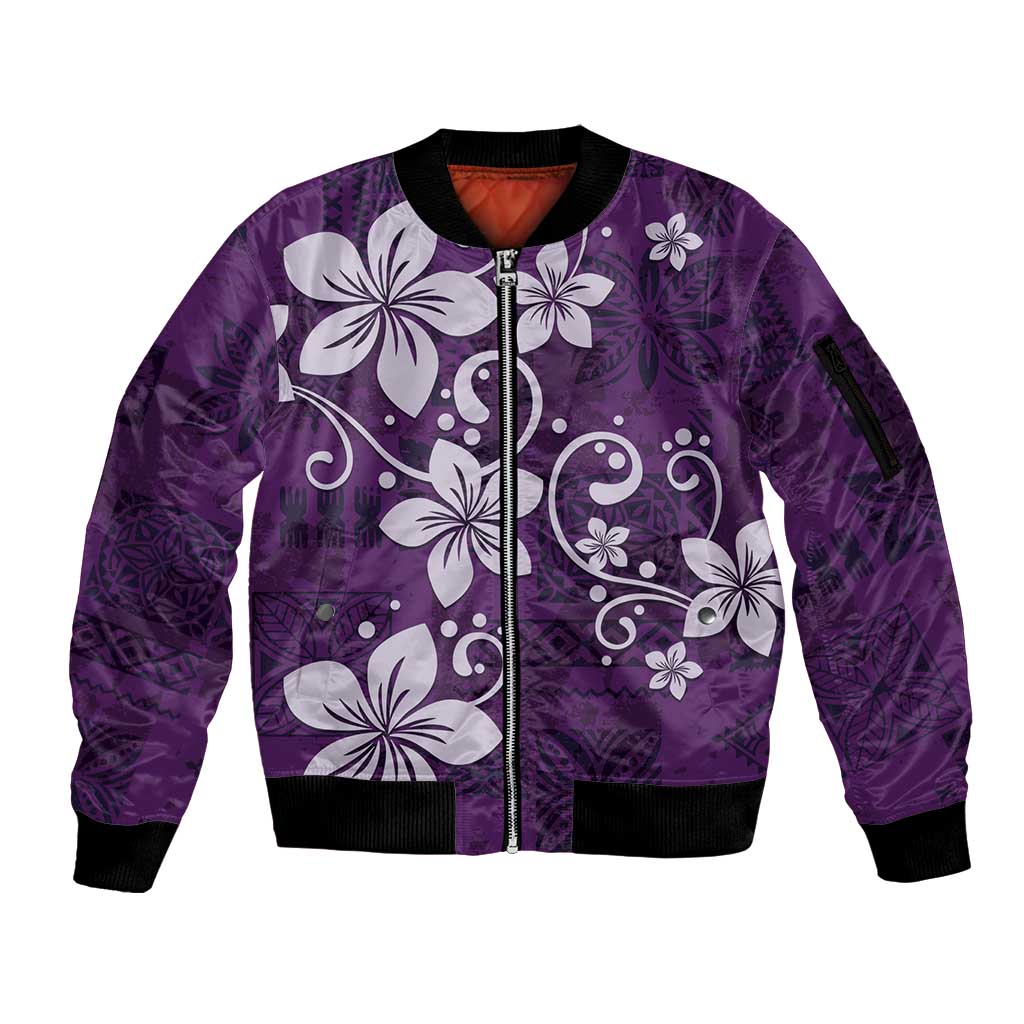 Plumeria Floral Tapa Pattern Amethyst Purple Sleeve Zip Bomber Jacket