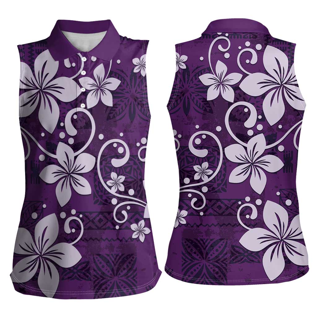 Plumeria Floral Tapa Pattern Amethyst Purple Women Sleeveless Polo Shirt LT01 - Polynesian Pride