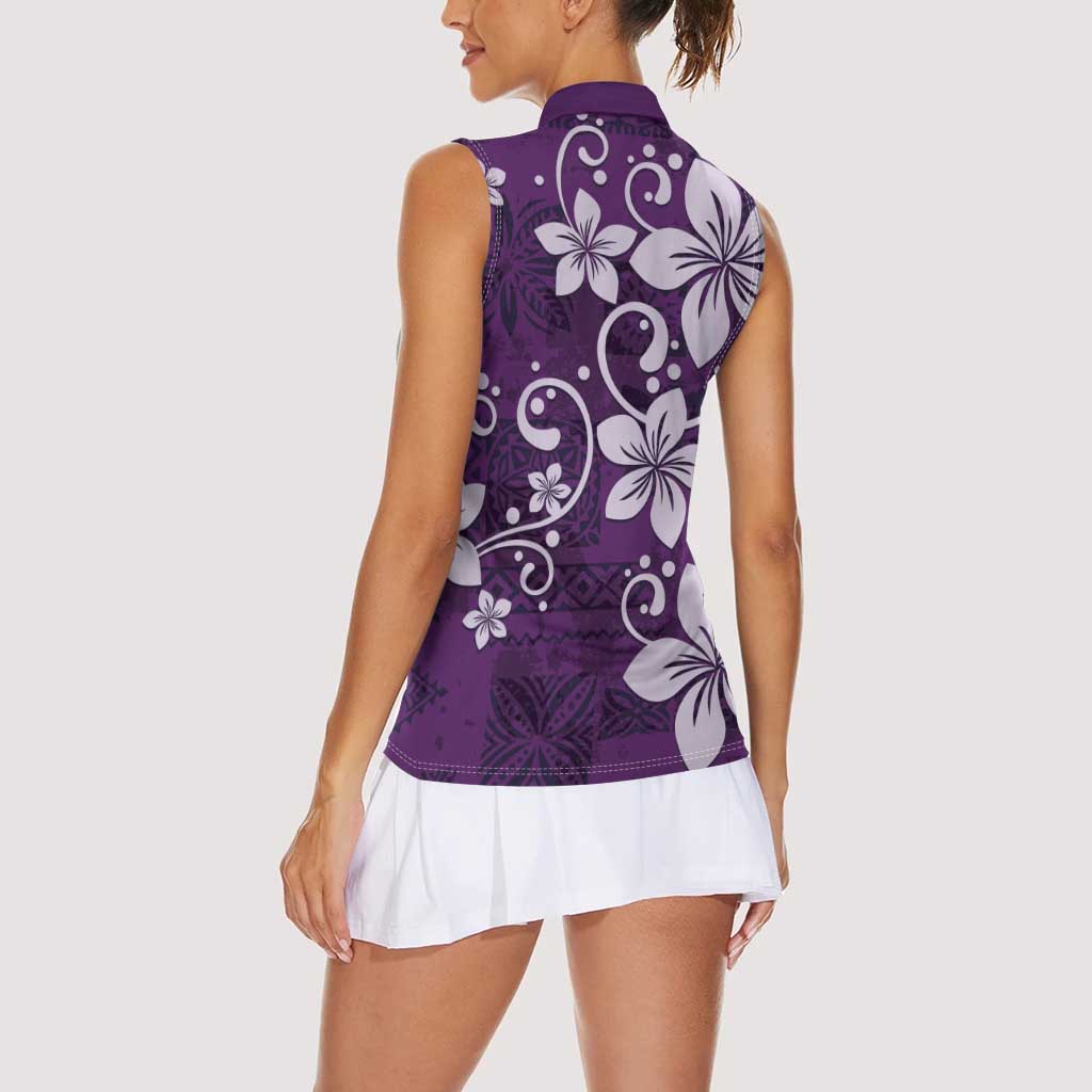 Plumeria Floral Tapa Pattern Amethyst Purple Women Sleeveless Polo Shirt LT01 - Polynesian Pride
