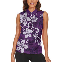 Plumeria Floral Tapa Pattern Amethyst Purple Women Sleeveless Polo Shirt LT01 - Polynesian Pride