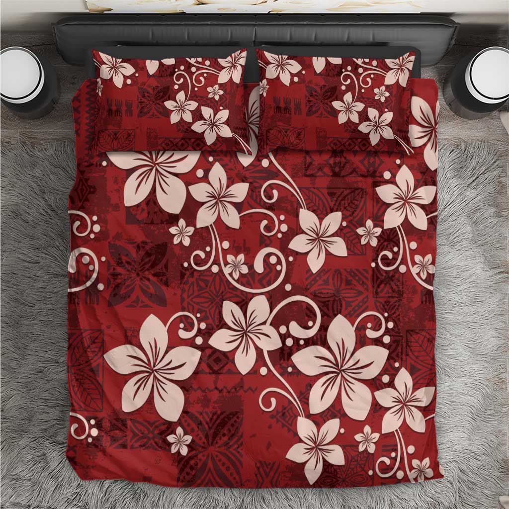 Plumeria Floral Tapa Pattern Oxblood Red Bedding Set