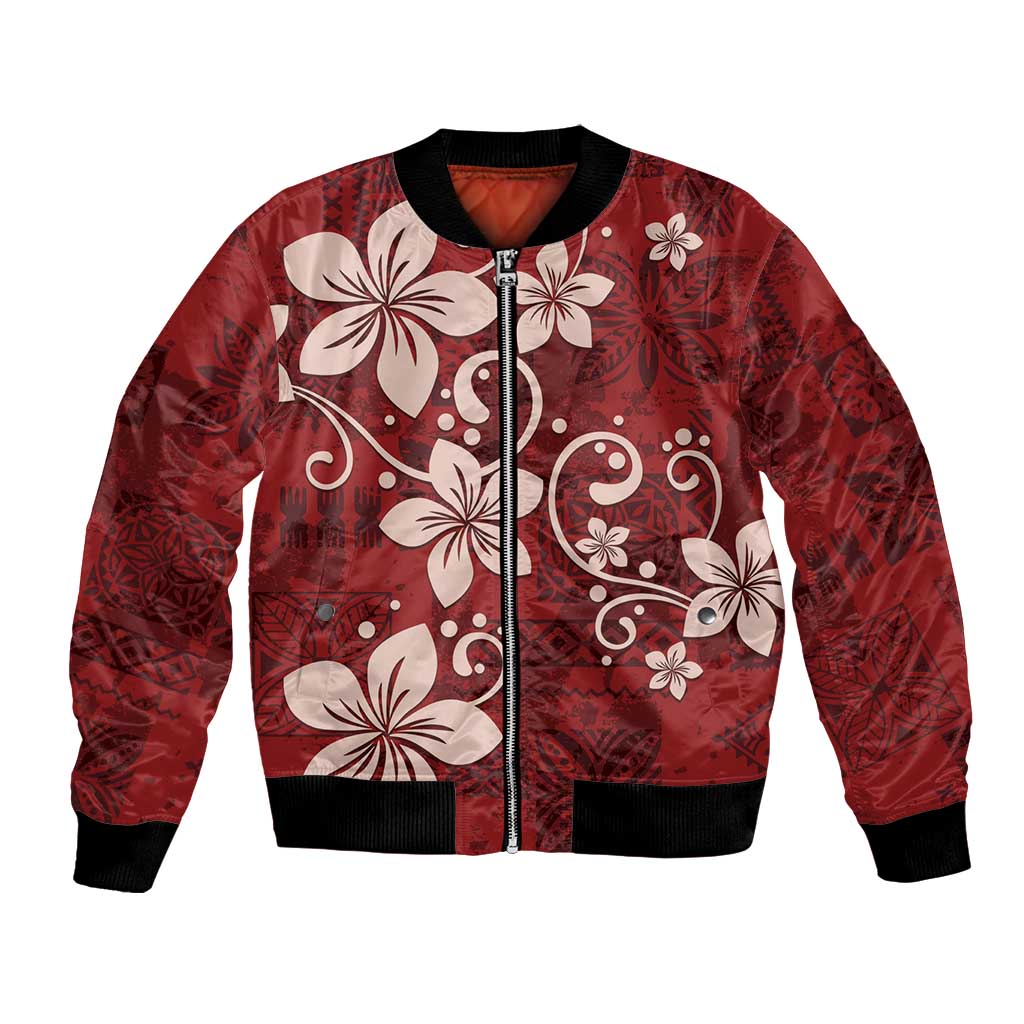 Plumeria Floral Tapa Pattern Oxblood Red Bomber Jacket LT01 Unisex Red - Polynesian Pride