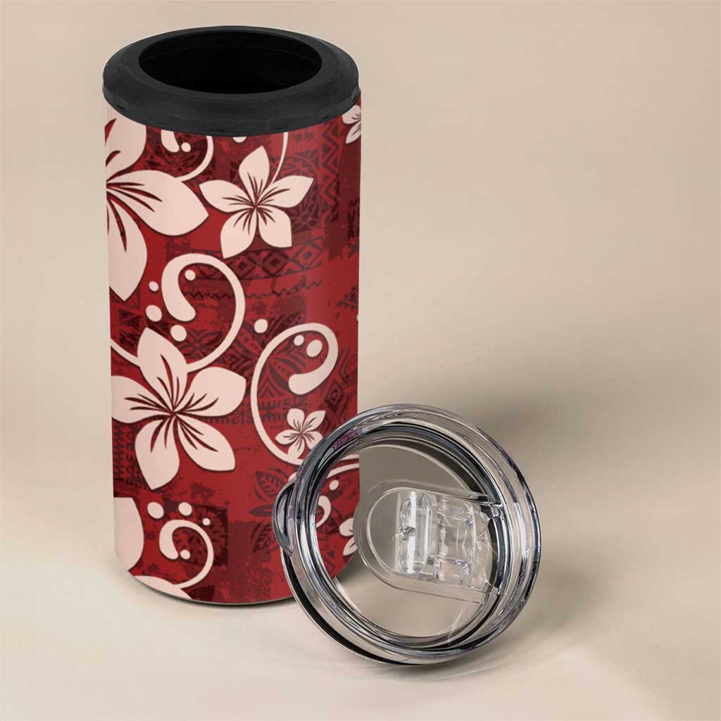 Plumeria Floral Tapa Pattern Oxblood Red 4 in 1 Can Cooler Tumbler