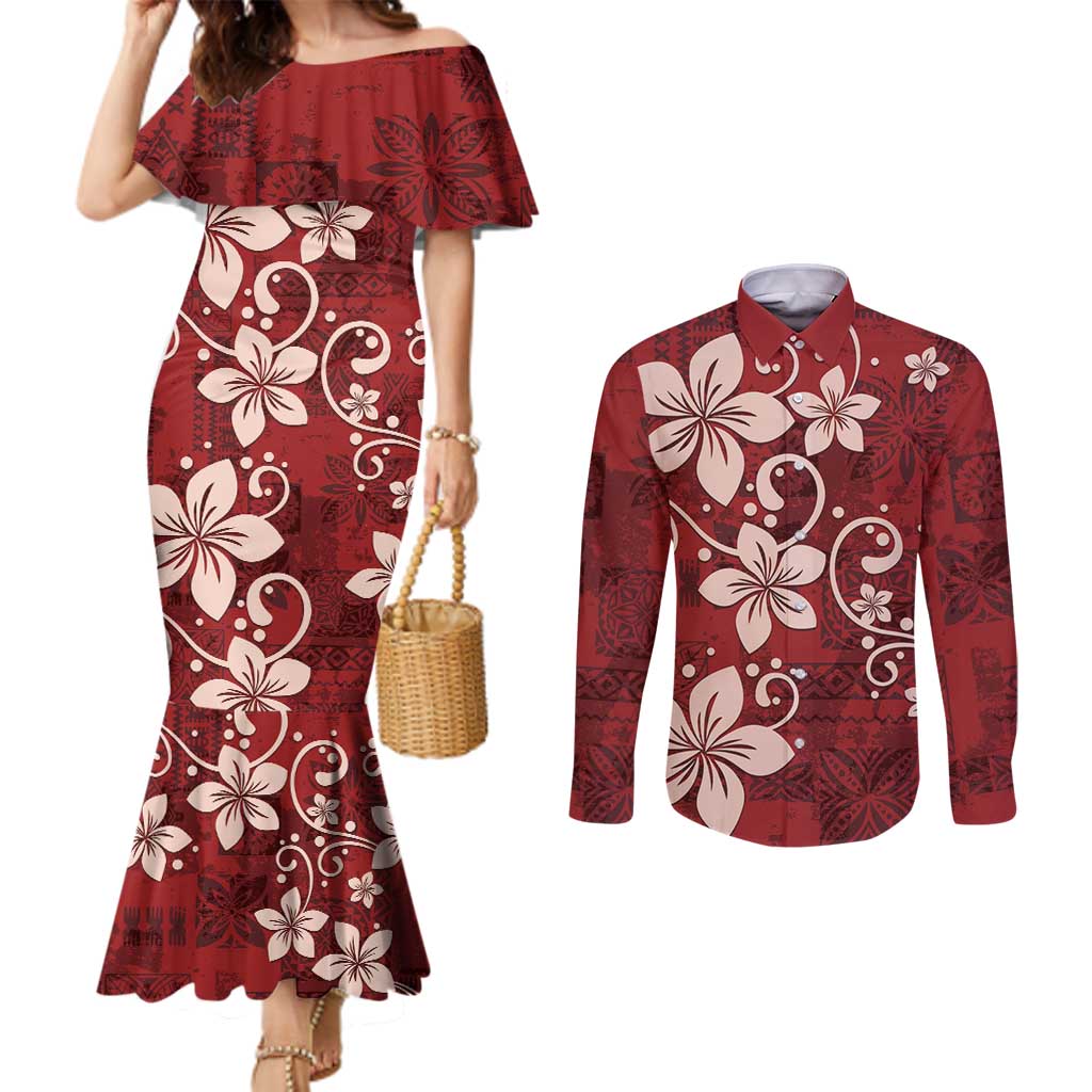 Plumeria Floral Tapa Pattern Oxblood Red Couples Matching Mermaid Dress and Long Sleeve Button Shirt LT01 Red - Polynesian Pride