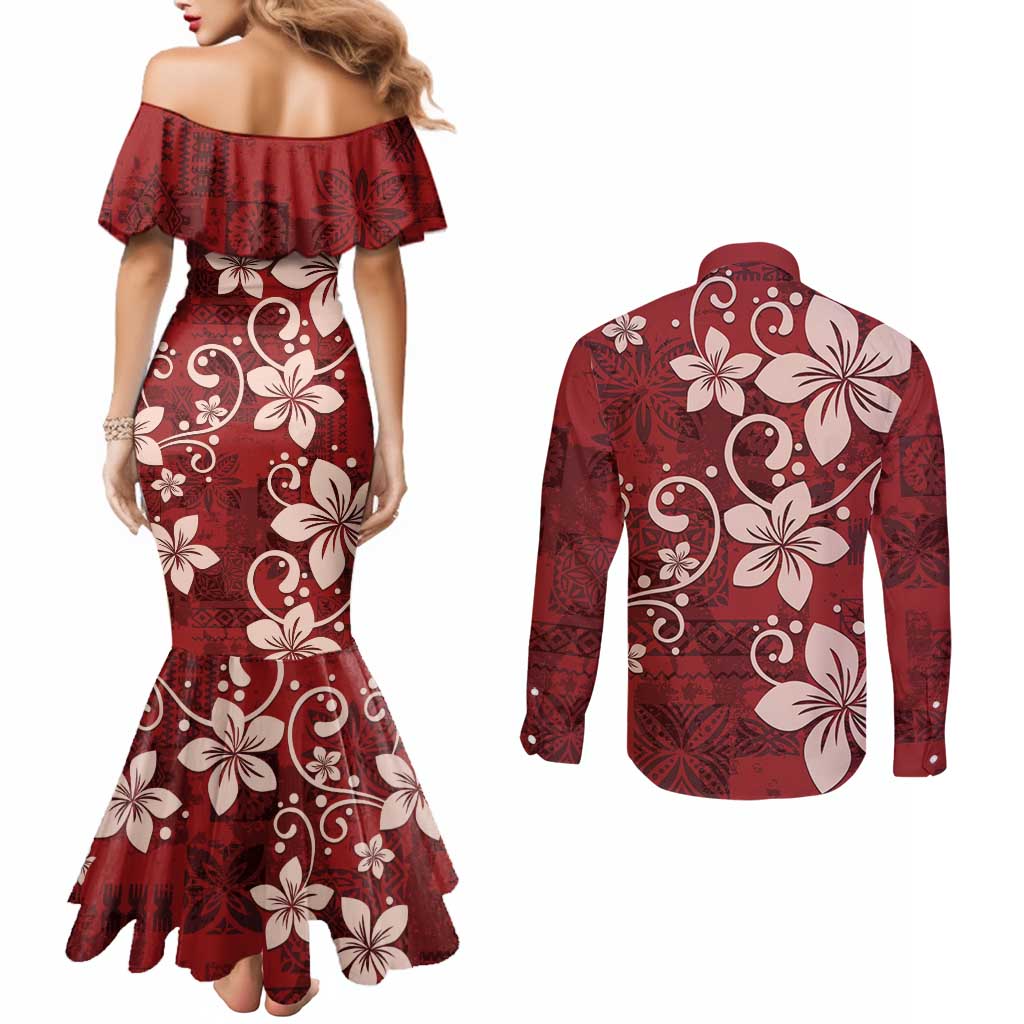 Plumeria Floral Tapa Pattern Oxblood Red Couples Matching Mermaid Dress and Long Sleeve Button Shirt LT01 - Polynesian Pride