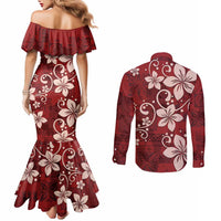 Plumeria Floral Tapa Pattern Oxblood Red Couples Matching Mermaid Dress and Long Sleeve Button Shirt LT01 - Polynesian Pride