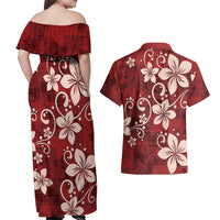 Plumeria Floral Tapa Pattern Oxblood Red Couples Matching Off Shoulder Maxi Dress and Hawaiian Shirt