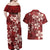 Plumeria Floral Tapa Pattern Oxblood Red Couples Matching Off Shoulder Maxi Dress and Hawaiian Shirt