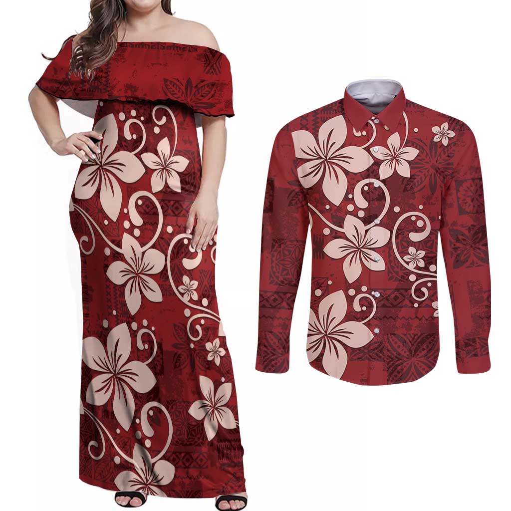Plumeria Floral Tapa Pattern Oxblood Red Couples Matching Off Shoulder Maxi Dress and Long Sleeve Button Shirt LT01 Red - Polynesian Pride