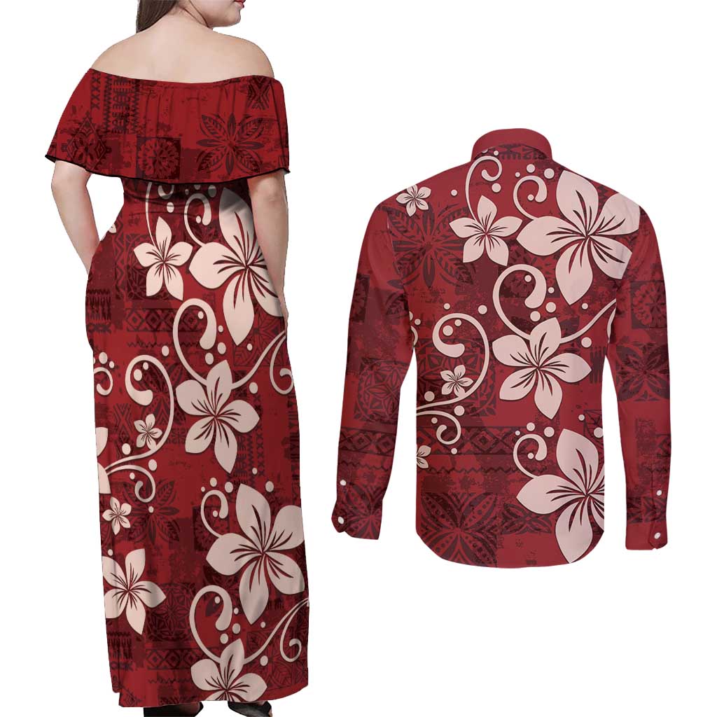 Plumeria Floral Tapa Pattern Oxblood Red Couples Matching Off Shoulder Maxi Dress and Long Sleeve Button Shirt LT01 - Polynesian Pride