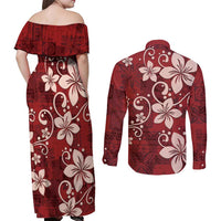 Plumeria Floral Tapa Pattern Oxblood Red Couples Matching Off Shoulder Maxi Dress and Long Sleeve Button Shirt LT01 - Polynesian Pride