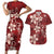 Plumeria Floral Tapa Pattern Oxblood Red Couples Matching Short Sleeve Bodycon Dress and Hawaiian Shirt