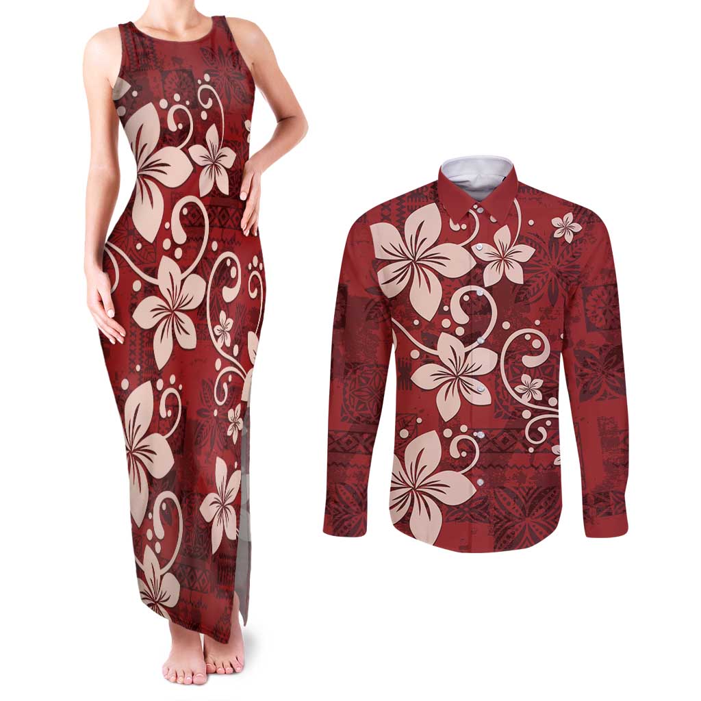 Plumeria Floral Tapa Pattern Oxblood Red Couples Matching Tank Maxi Dress and Long Sleeve Button Shirt LT01 Red - Polynesian Pride