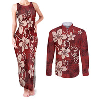 Plumeria Floral Tapa Pattern Oxblood Red Couples Matching Tank Maxi Dress and Long Sleeve Button Shirt LT01 Red - Polynesian Pride