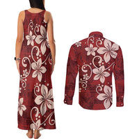 Plumeria Floral Tapa Pattern Oxblood Red Couples Matching Tank Maxi Dress and Long Sleeve Button Shirt LT01 - Polynesian Pride