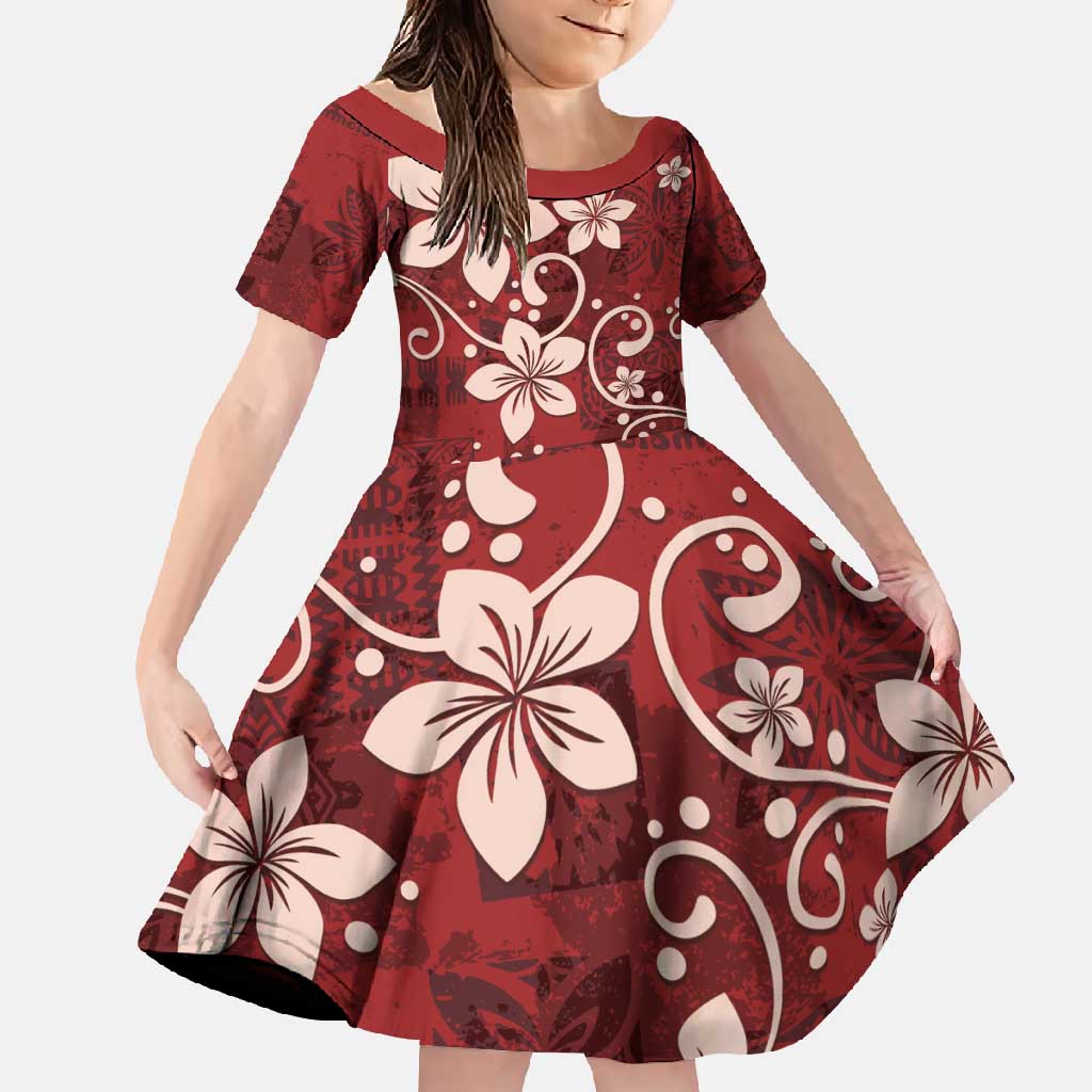 Plumeria Floral Tapa Pattern Oxblood Red Family Matching Long Sleeve Bodycon Dress and Hawaiian Shirt LT01 Daughter's Dress Red - Polynesian Pride