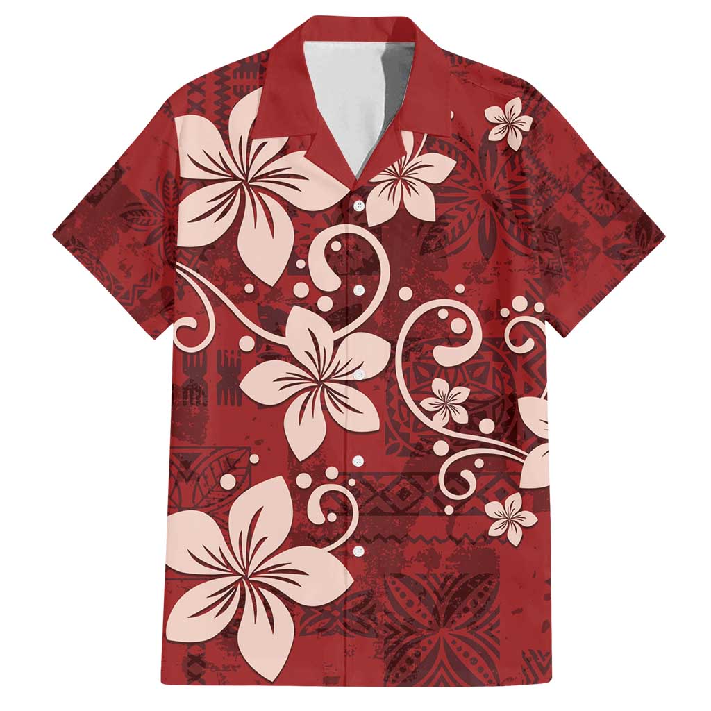 Plumeria Floral Tapa Pattern Oxblood Red Family Matching Long Sleeve Bodycon Dress and Hawaiian Shirt LT01 Dad's Shirt - Short Sleeve Red - Polynesian Pride