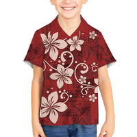 Plumeria Floral Tapa Pattern Oxblood Red Family Matching Long Sleeve Bodycon Dress and Hawaiian Shirt LT01 Son's Shirt Red - Polynesian Pride