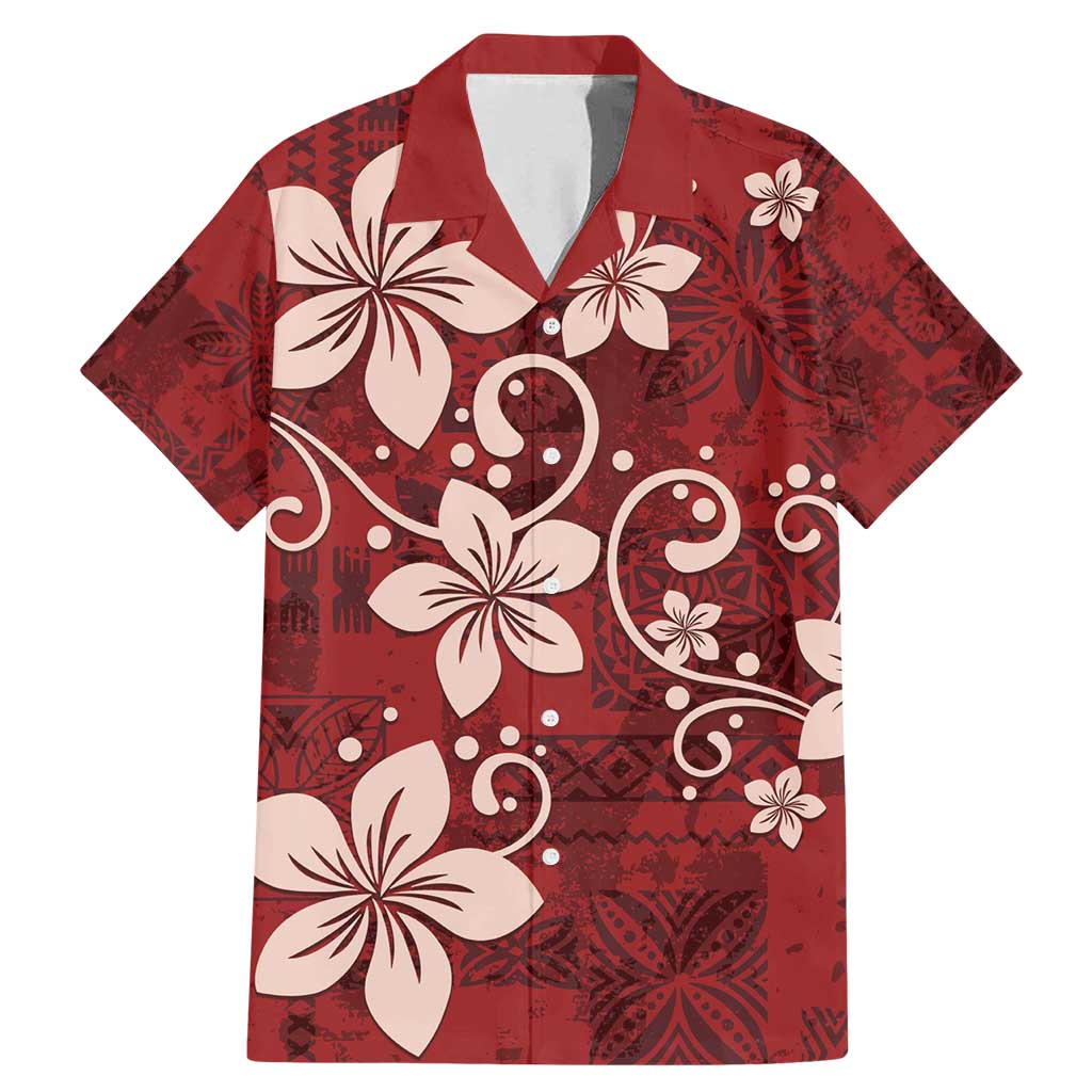 Plumeria Floral Tapa Pattern Oxblood Red Family Matching Mermaid Dress and Hawaiian Shirt LT01 Dad's Shirt - Short Sleeve Red - Polynesian Pride