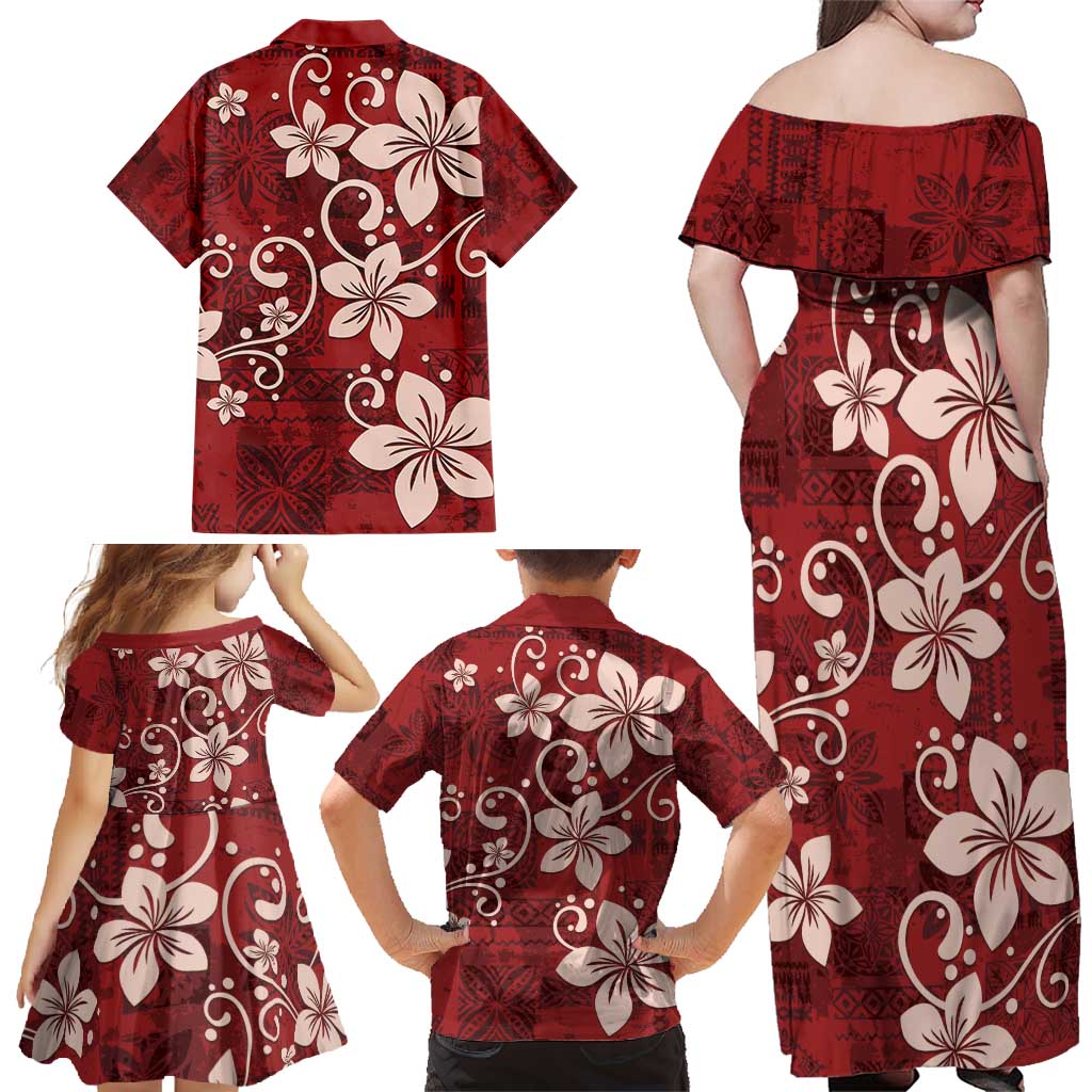 Plumeria Floral Tapa Pattern Oxblood Red Family Matching Off Shoulder Maxi Dress and Hawaiian Shirt