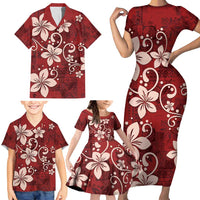 Plumeria Floral Tapa Pattern Oxblood Red Family Matching Short Sleeve Bodycon Dress and Hawaiian Shirt LT01 - Polynesian Pride