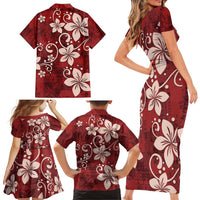 Plumeria Floral Tapa Pattern Oxblood Red Family Matching Short Sleeve Bodycon Dress and Hawaiian Shirt LT01 - Polynesian Pride