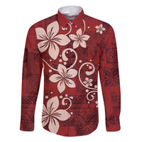 Plumeria Floral Tapa Pattern Oxblood Red Family Matching Short Sleeve Bodycon Dress and Hawaiian Shirt LT01 Dad's Shirt - Long Sleeve Red - Polynesian Pride