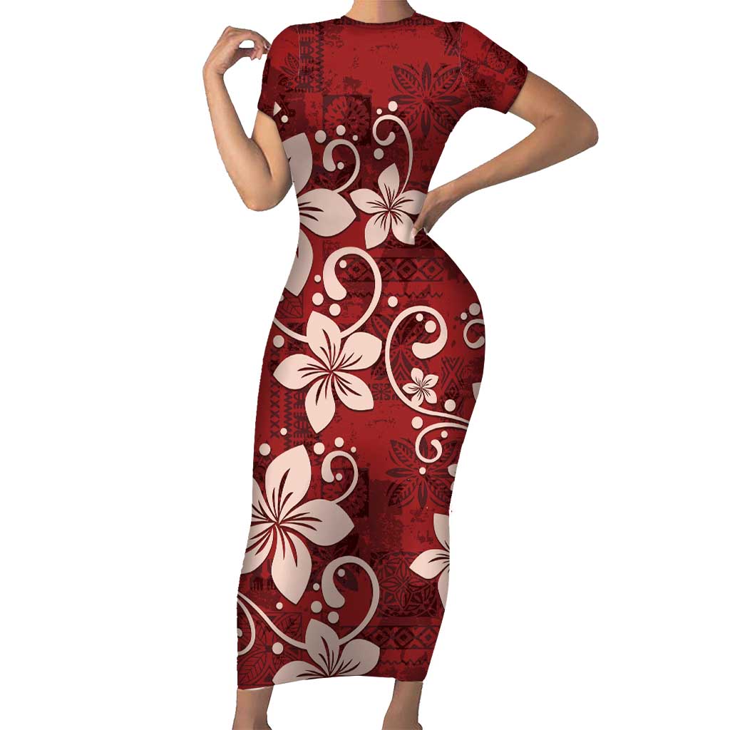 Plumeria Floral Tapa Pattern Oxblood Red Family Matching Short Sleeve Bodycon Dress and Hawaiian Shirt LT01 Mom's Dress Red - Polynesian Pride