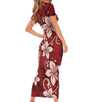 Plumeria Floral Tapa Pattern Oxblood Red Family Matching Short Sleeve Bodycon Dress and Hawaiian Shirt LT01 - Polynesian Pride