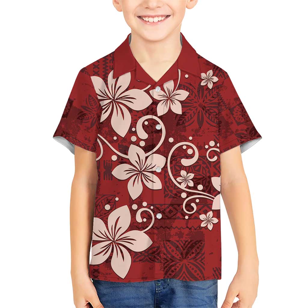 Plumeria Floral Tapa Pattern Oxblood Red Family Matching Short Sleeve Bodycon Dress and Hawaiian Shirt LT01 Son's Shirt Red - Polynesian Pride