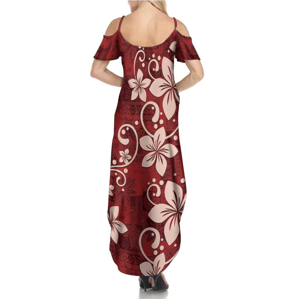 Plumeria Floral Tapa Pattern Oxblood Red Family Matching Summer Maxi Dress and Hawaiian Shirt