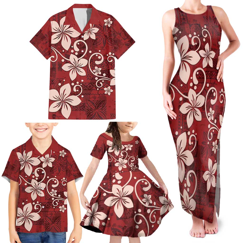 Plumeria Floral Tapa Pattern Oxblood Red Family Matching Tank Maxi Dress and Hawaiian Shirt