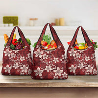 Plumeria Floral Tapa Pattern Oxblood Red Grocery Bag