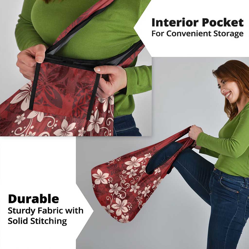 Plumeria Floral Tapa Pattern Oxblood Red Grocery Bag