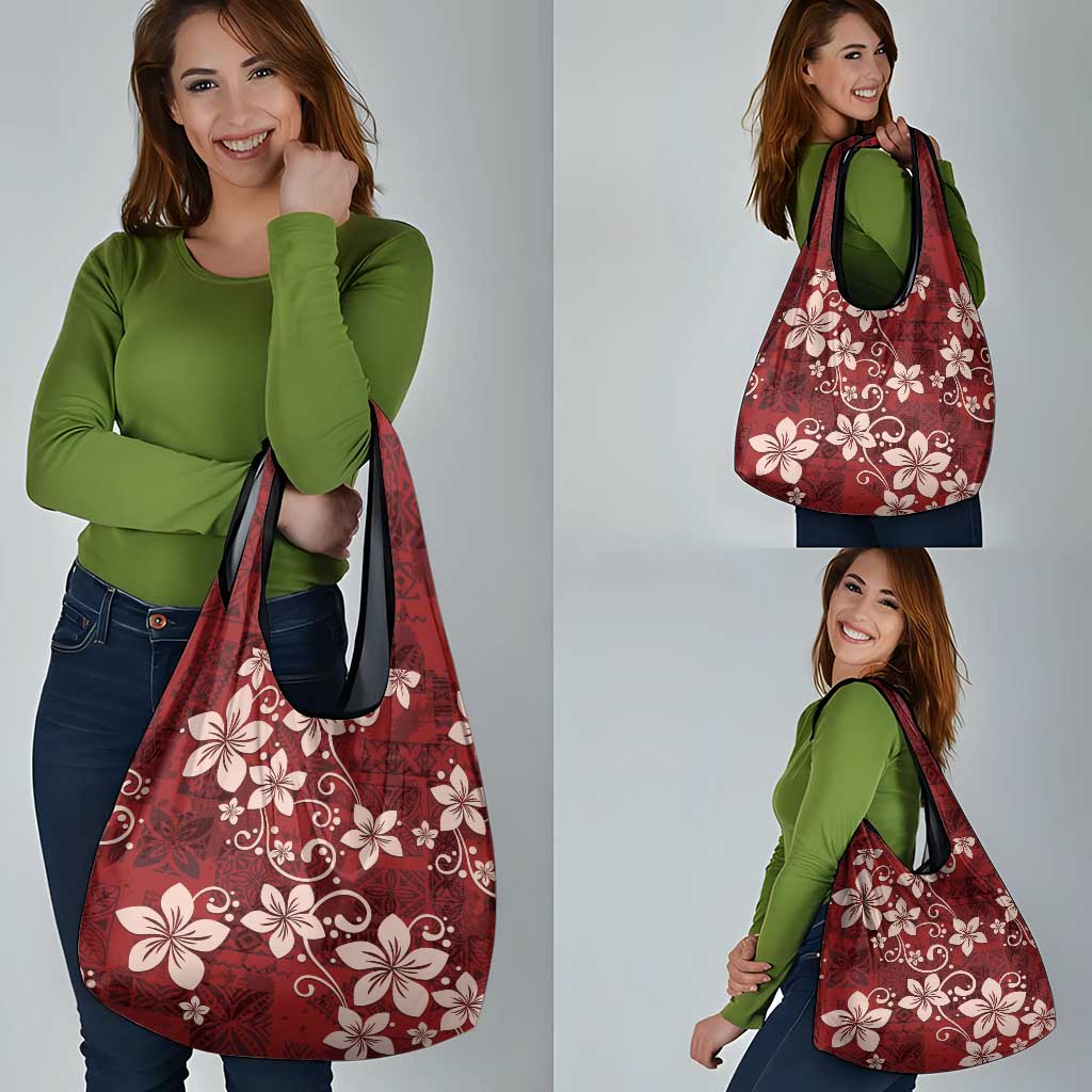 Plumeria Floral Tapa Pattern Oxblood Red Grocery Bag