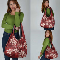 Plumeria Floral Tapa Pattern Oxblood Red Grocery Bag