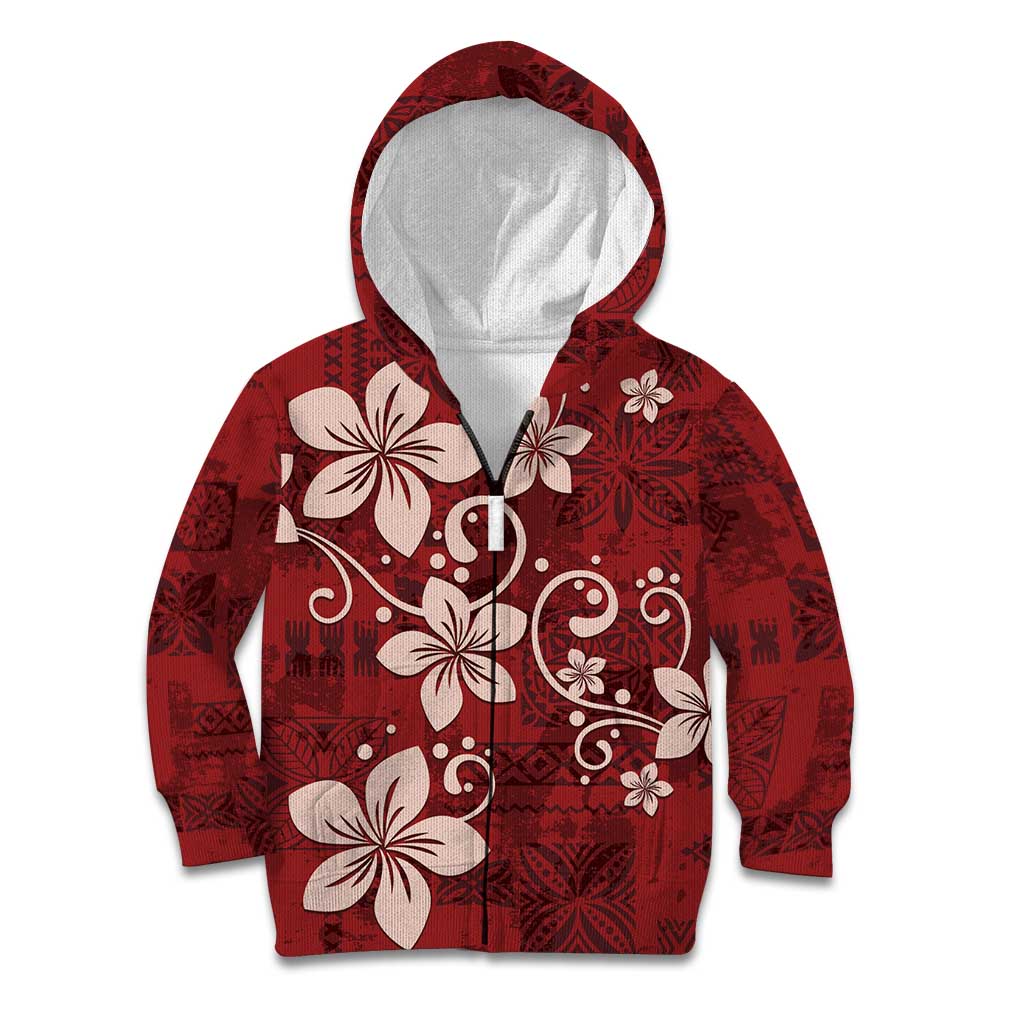 Plumeria Floral Tapa Pattern Oxblood Red Kid Hoodie