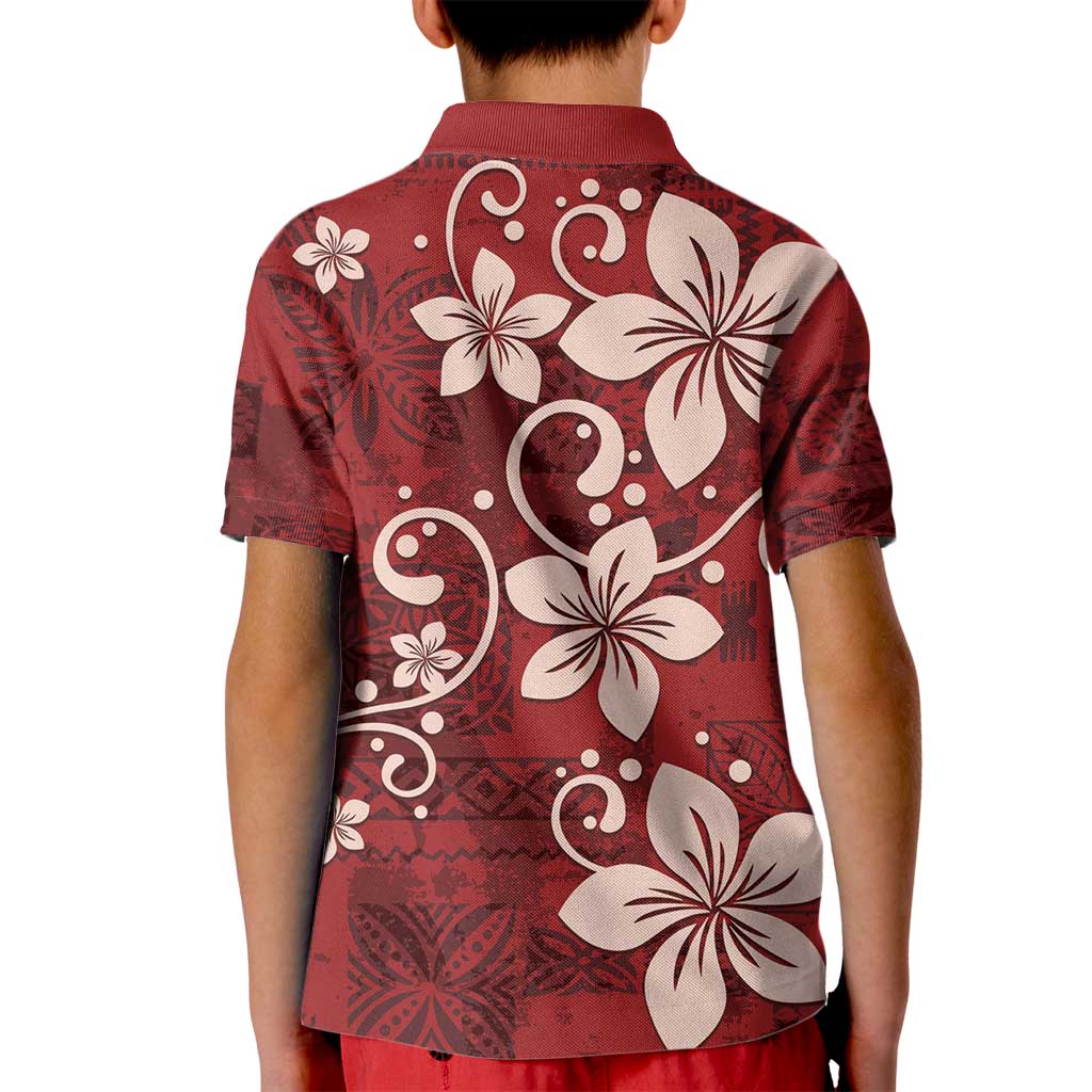 Plumeria Floral Tapa Pattern Oxblood Red Kid Polo Shirt