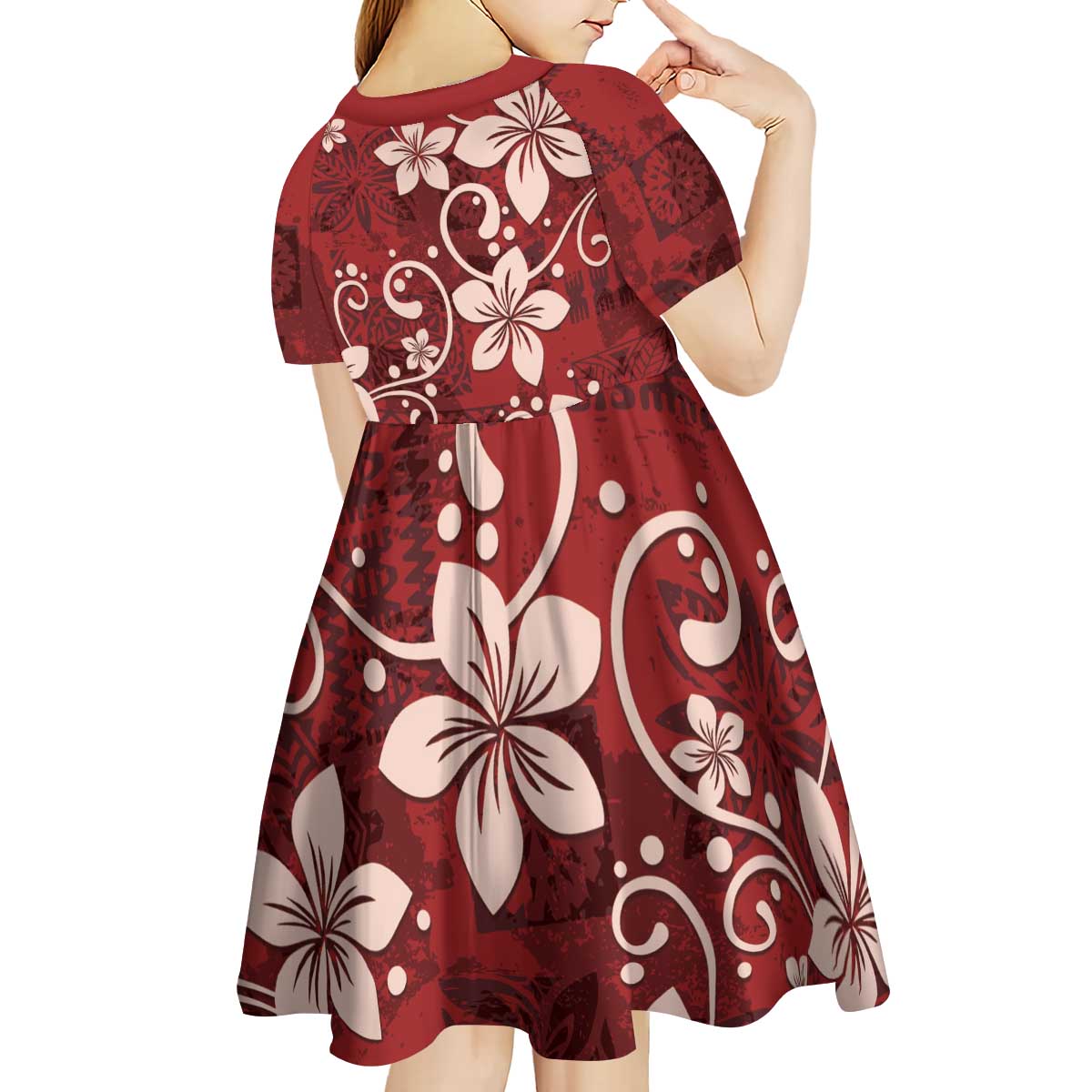 Plumeria Floral Tapa Pattern Oxblood Red Kid Short Sleeve Dress