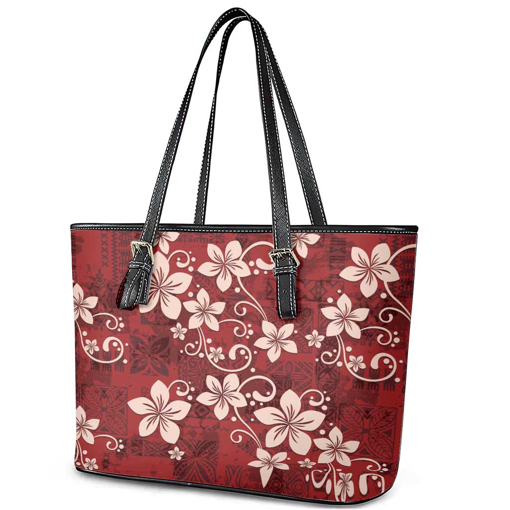Plumeria Floral Tapa Pattern Oxblood Red Leather Tote Bag